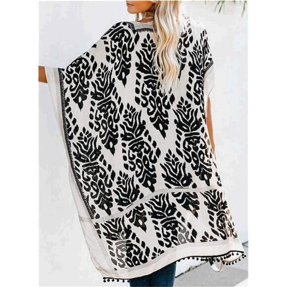 Women's Floral Kimono Cardigan Tassel Beach Cover-Up Swimwear Summer Vacation - Picture 2 of 6